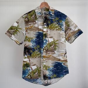 Kennington California Hawaiian Button Up Shirt Sz Medium Tropical Palms Aloha